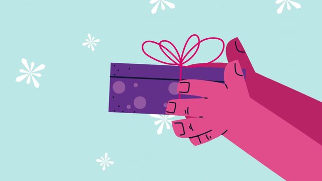 Hands holding purple gift box with ribbon and falling white snowflakes on blue background.