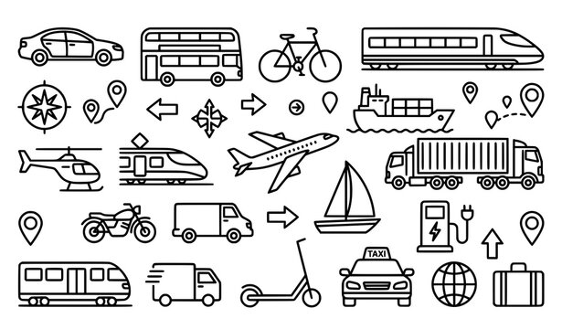 Creative transport outline vector icon set with minimalist vehicle symbols