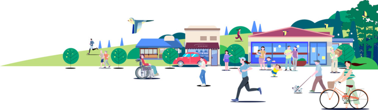 Vector illustration of diverse people active in a city with nature: inclusive society, health, and community
