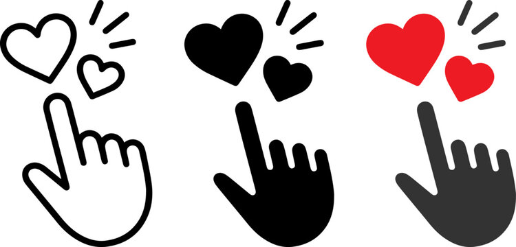 Set of hand cursor icons with hearts isolated on white background