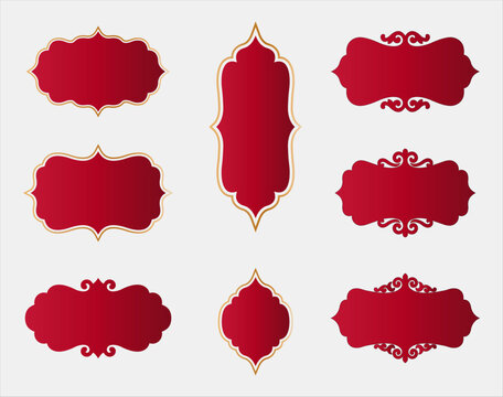 A collection of eight gradient red and gold flat vector filigree label designs on a white background for use in graphic design projects