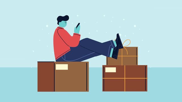 Delivery person using smartphone while sitting on cardboard packages waiting for shipment motion graphics.