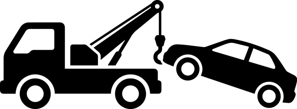 Black silhouette icon of a tow truck pulling a car