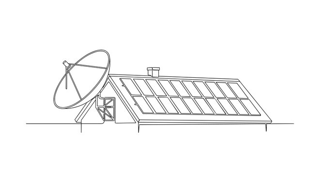 A rural farmhouse roof is equipped with a large circular satellite dish and multiple flat solar panels depicted in a minimalist black and white line-art style.