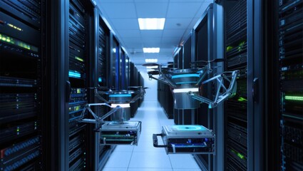 Obraz premium futuristic data center corridor with glowing servers and blue neon lighting for tech innovation and cloud computing