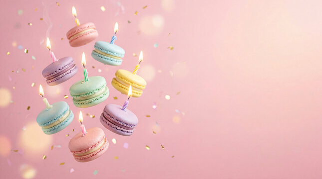 Floating macaron cake with birthday candles on pink background