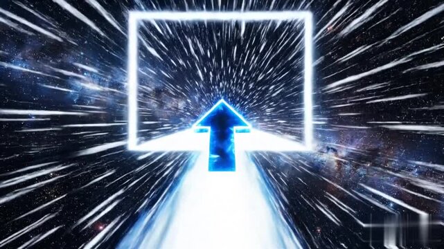 Futuristic blue glowing arrow neon sign pointing upward in cosmic space with luminous white trajectory path creating sense of high speed velocity and motion in deep dark universe background