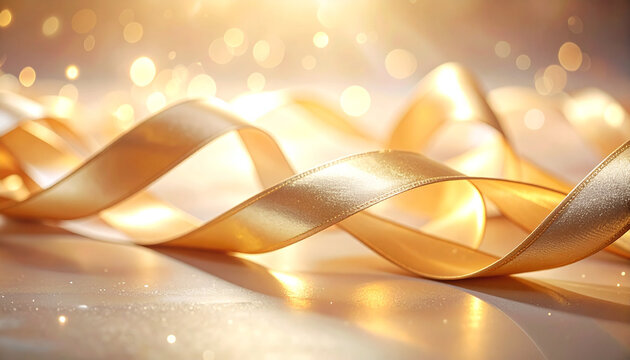 Gouden linten wervelen tegen een zachte bokeh-achtergrond.
