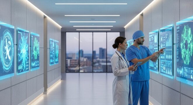 Medische professionals bestuderen gegevens op verlichte schermen in een futuristische gang.