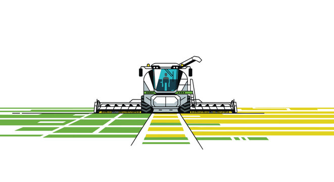 A large mechanical harvester drives forward along a central path across a field that transitions from green grid patterns to yellow linear textures in illustration.