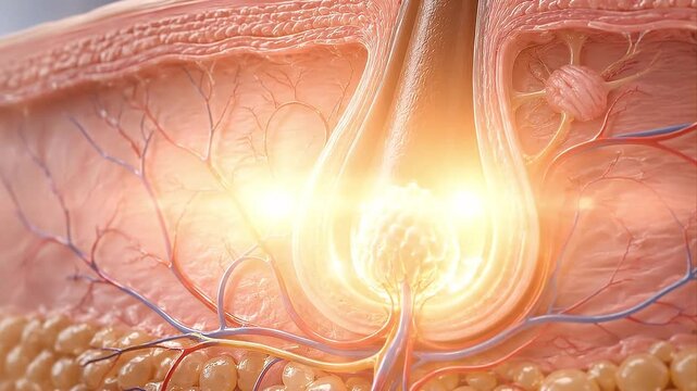 Hair follicle growth cycle concept showing biological process of hair development inside skin tissue with glowing light effect highlighting follicle anatomy cell and blood vessel network nourishing