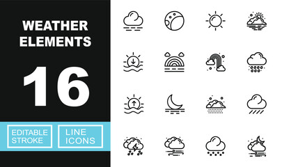 Fototapeta premium Weather Elements line icon set. Vector pictograms of fog, eclipse, sun, sunrise, sunset, rainbow, arc, hail, dawn, moon, drizzle, rain, storm, breeze, snow, overnight. Editable stroke.