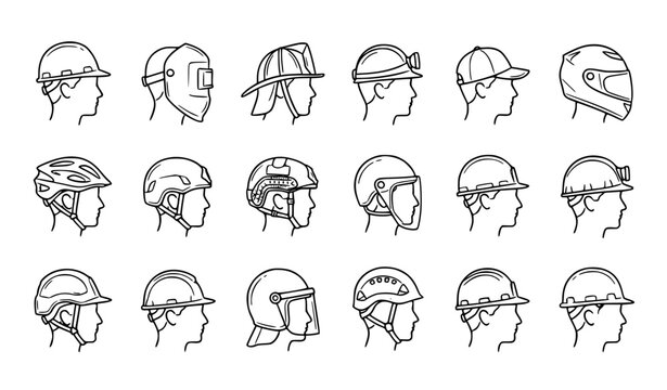 Hand drawn safety helmets line art icon set with worker profile editable vector collection