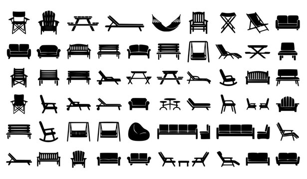 Outdoor seating furniture silhouette set with folding chairs hammocks loungers and benches vector collection