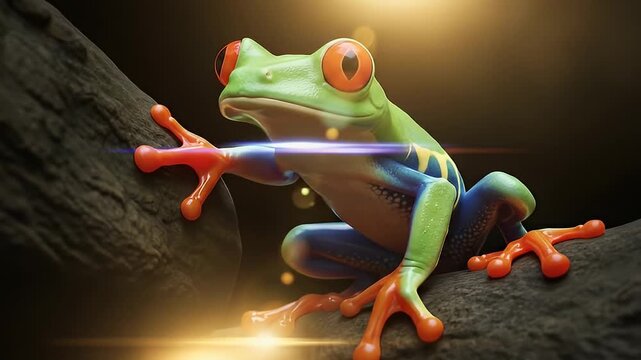A vibrant, cartoonish tree frog clinging to a dark branch in a lush, bright environment