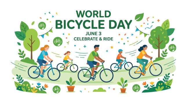 World Bicycle Day celebration with diverse family and friends cycling outdoors in a park with trees and flowers
