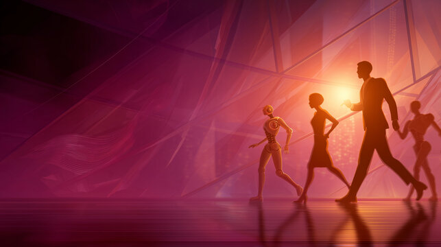 Forward Momentum: A determined team of figures strides purposefully toward the light, embodying ambition, progress, and unwavering resolve in a forward-thinking visual.