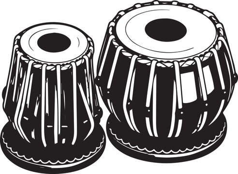 Traditional Indian tabla drums vector illustration, black and white ethnic percussion instrument, classical Hindustani music equipment icon