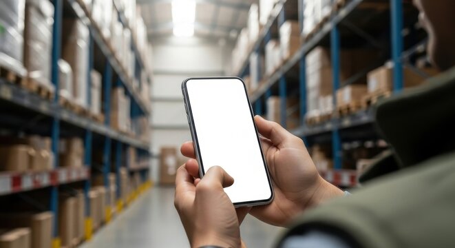 Warehouse Worker Using Smartphone to Manage Inventory.
