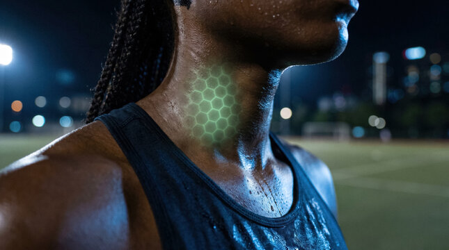 Athlete with neon green bio-interface on neck night