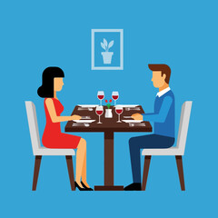 Fototapeta premium Romantic Couple Having Dinner at a Restaurant, Flat Vector Illustration of Man and Woman on a Date Night with Wine and Fine Dining