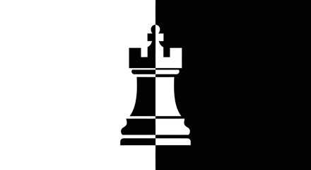 Chess Rook Silhouette Divided Black and White Background © khusnul