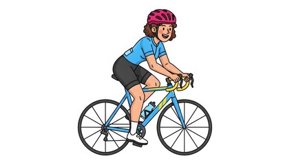 Fototapeta premium Flat Vector Illustration of a Female Cyclist Wearing a Protective Helmet and Sportswear Riding a Road Bike with Water Bottle Isolated on a Plain White Background for Fitness Themes