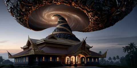 Fototapeta premium Elder sanctuary surrounded by cosmic whirlpool with illuminated rooftops and silent cosmic ambiance