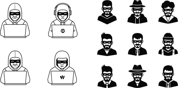 Hacker and Cyber Criminal Icon Set with Anonymous User Cybersecurity Threat and Digital Privacy Symbols Vector Collection