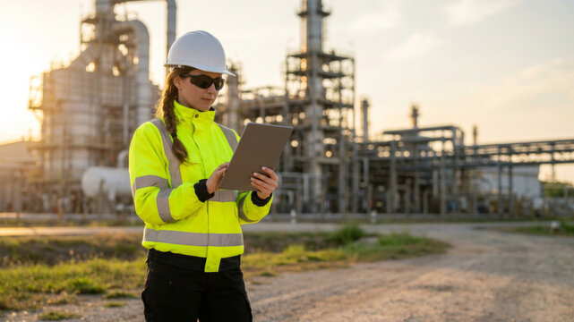 Female worker refinery oil tablet safety check sunset background. Female refinery oil tablet, uniform worker gas engineer, professional safety energy woman industrial