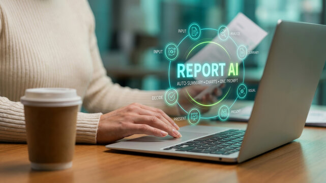Report ai summary digital screen circle modern office desk laptop. Summary AI, intelligence report management, document information innovation system analysis, automation, data, summarize
