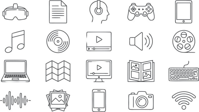 Multimedia entertainment and digital technology line icon set with video player gamepad camera laptop vr headset