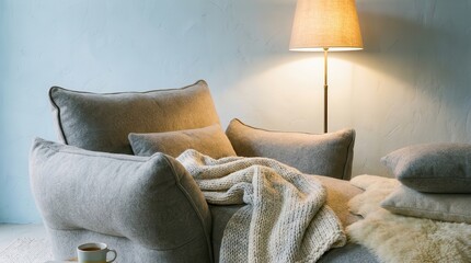 A deeply comfortable overstuffed lounger with a knitted throw blanket and warm lamp glow, creating a cozy living room atmosphere.