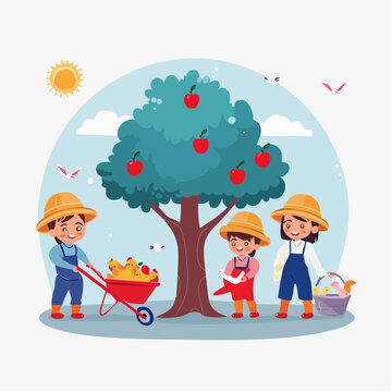 Children Harvesting Apples in an Orchard