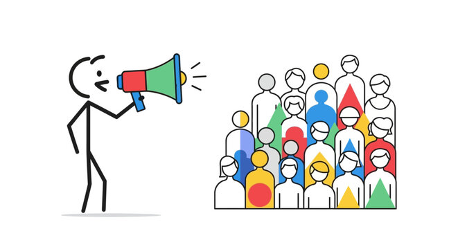 Stick figure using a megaphone to address a diverse group of people, symbolizing public communication and outreach.