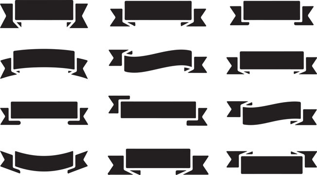 Ribbon set. Tape blank black glyph collection, decorative silhouette icons. Vintage outline design, ribbons sign style. Web icon kit of text banner tapes. Isolated vector illustration