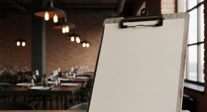 Blank clipboard on table in modern restaurant with empty tables and brick wall background ideal for menu mockups and dining concepts