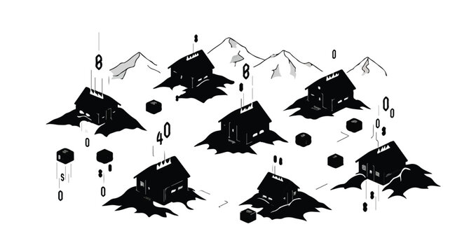 Abstract illustration of dark houses scattered in a desolate landscape with binary code elements.