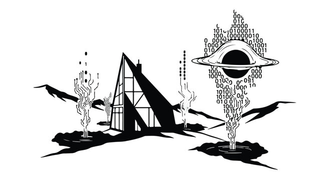 Surreal cosmic landscape with abstract structures and a black hole emitting binary code.