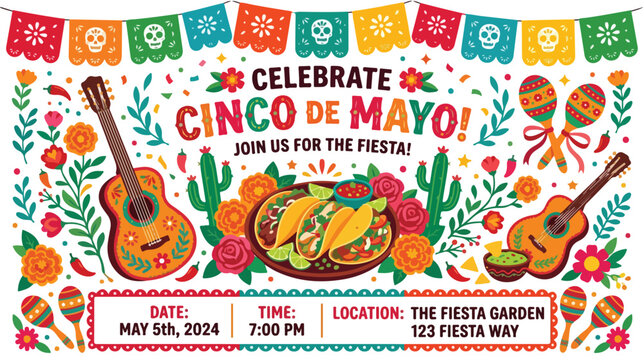 Vibrant Cinco de Mayo celebration 2D vector illustration with traditional Mexican fiesta elements like tacos, guitars, maracas, and colorful banners, perfect for event invitations and festive designs.