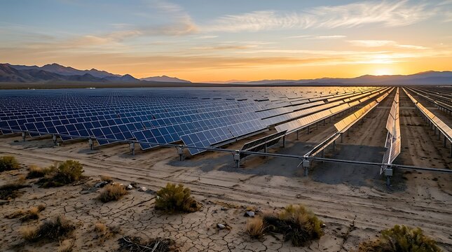 Vast solar panel array capturing the sun's energy across a remote desert landscape, symbolizing sustainable power generation and future technology