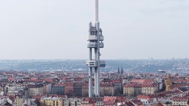 Drone Shot of Zizkov Television Tower and District in Prague Czech Republic in Springtime