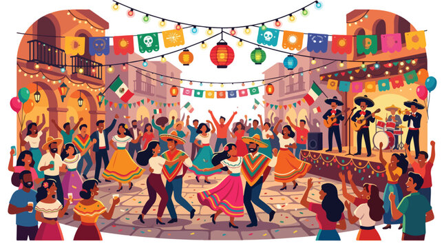 Vibrant Cinco de Mayo celebration with people dancing in a festive street scene, featuring a mariachi band and colorful decorations, a lively 2D vector illustration