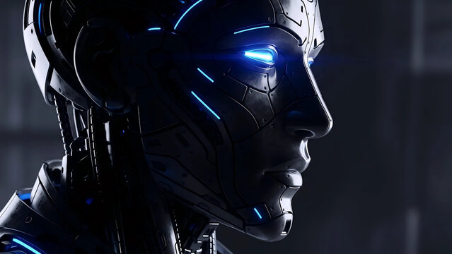 Robotic humanoid head in futuristic neon blue lighting for sci-fi