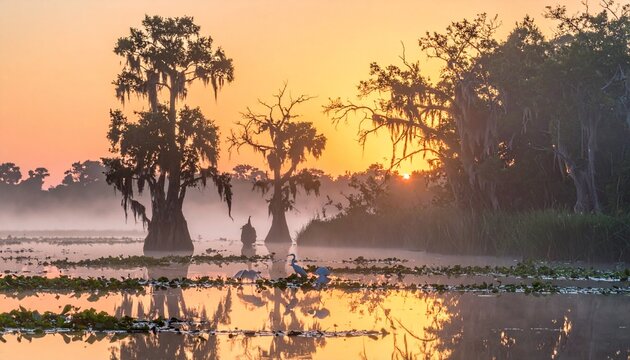 Cypress trees in misty marshland at sunrise with bird reflections