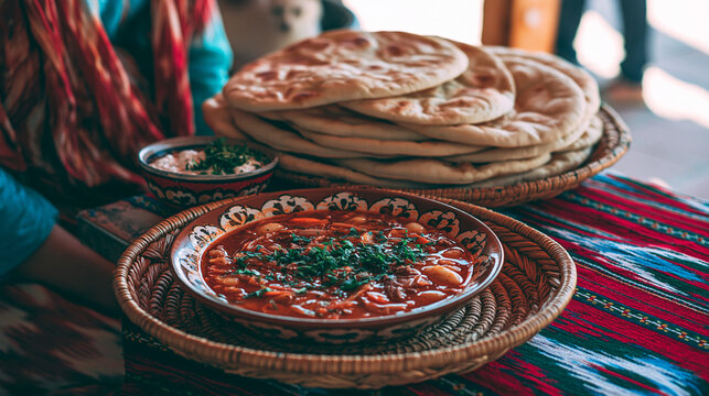 Traditional middle eastern meal with stacked flatbread and spicy red stew on colorful textile