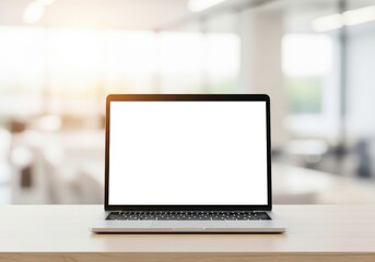 Fototapeta premium Laptop Mockup with Blank White Screen on Wooden Desk in Bright Blurred