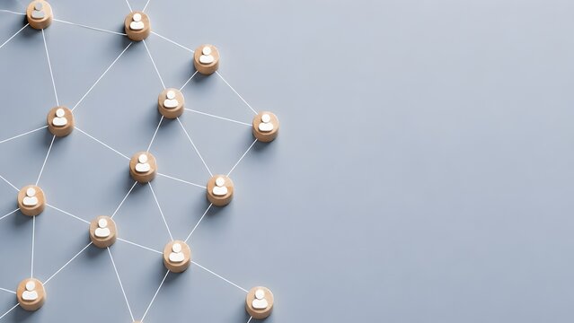 Organizational Structure and Global Business Connection Concept with Connected Wooden Icons on Gray Background