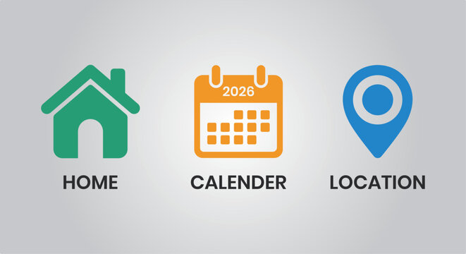 A set of three colored flat vector icons representing home, calendar, and location on a plain background