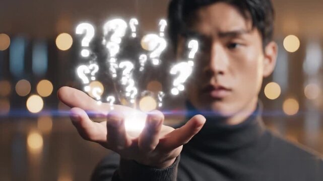 A human palm extended upward as glowing question marks hover in mid-air, symbolizing deep inquiry, future possibilities, decision making, and conceptual problem solving in a minimalist setting.